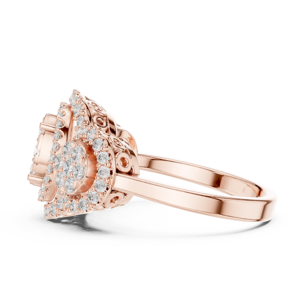 14K Rose Gold Three-Stone Round Diamond Halo Cluster Ring