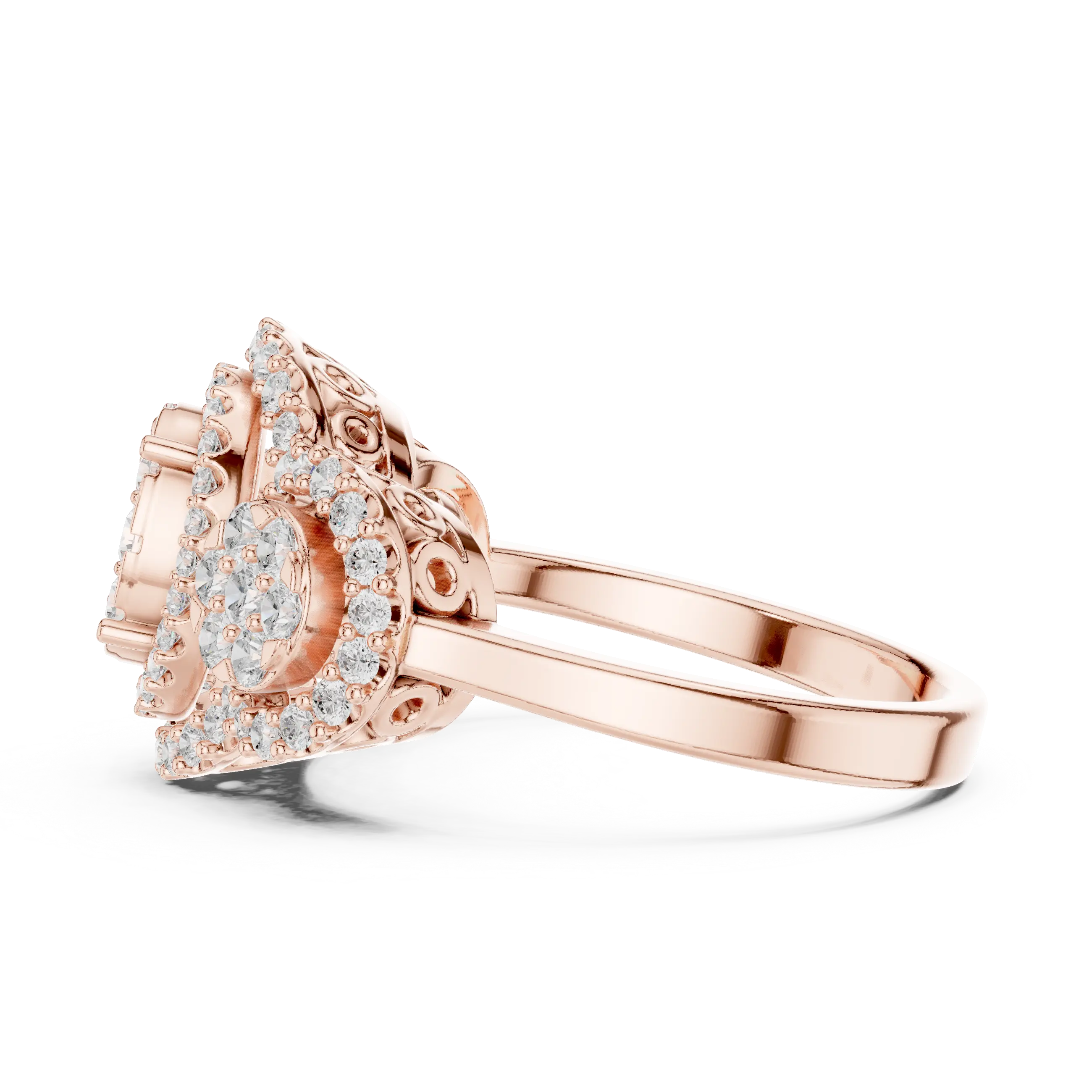 14K Rose Gold Three-Stone Round Diamond Halo Cluster Ring