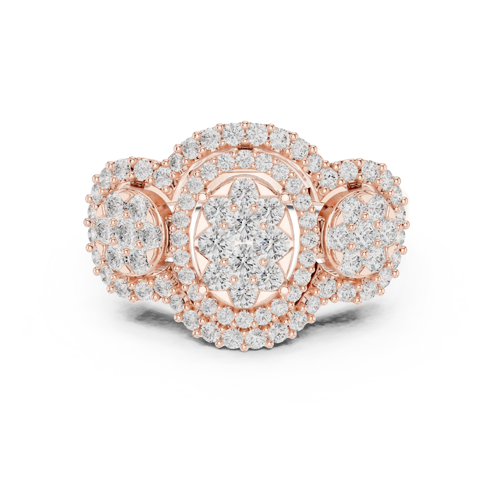 14K Rose Gold Three-Stone Round Diamond Halo Cluster Ring