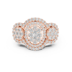 14K Rose Gold Three-Stone Round Diamond Halo Cluster Ring