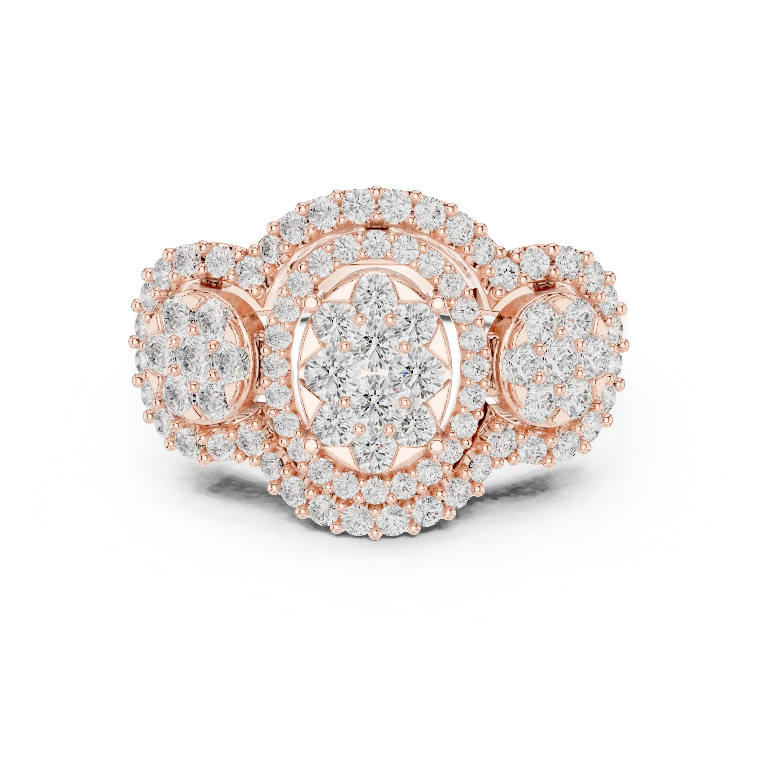 14K Rose Gold Three-Stone Round Diamond Halo Cluster Ring