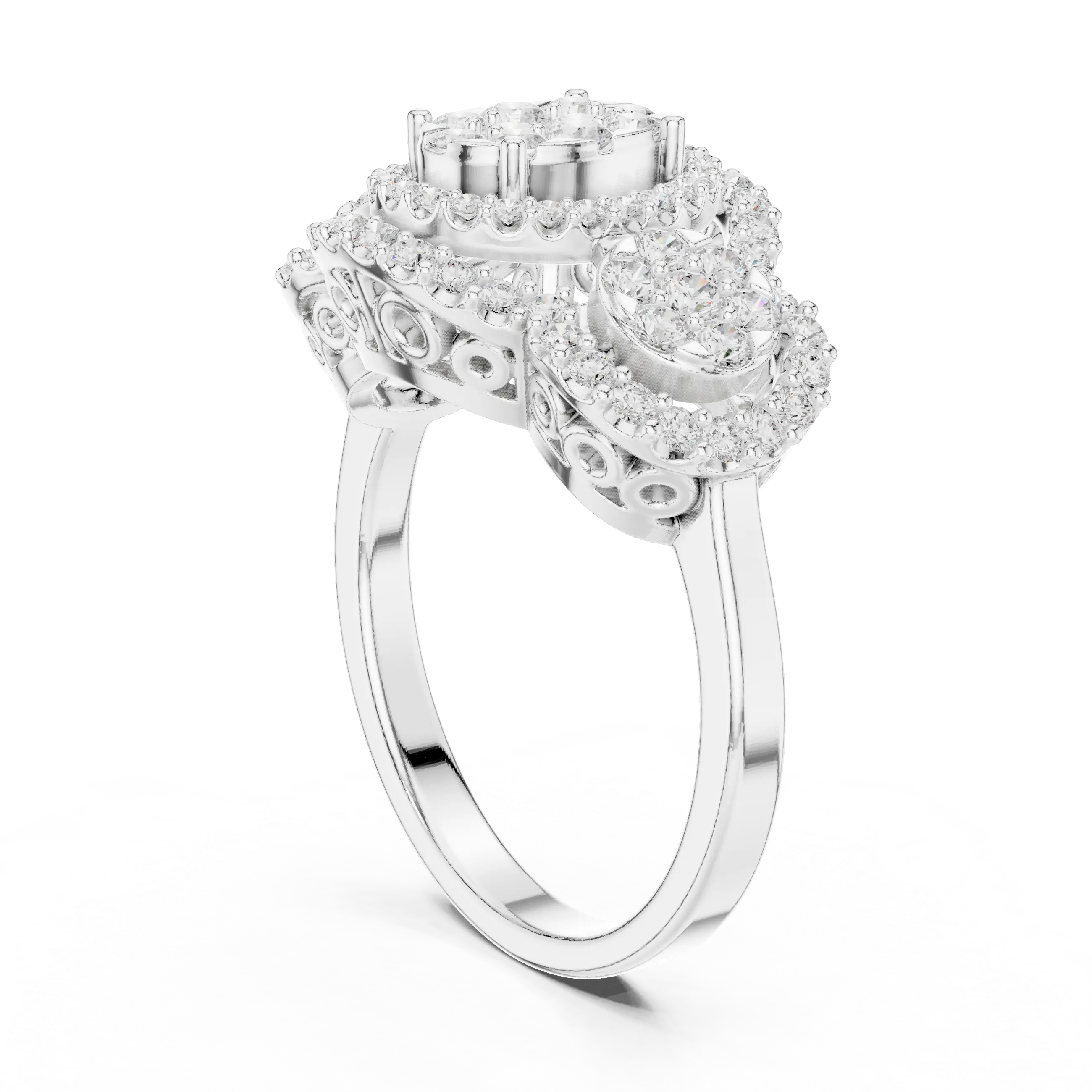 14K Rose Gold Three-Stone Round Diamond Halo Cluster Ring
