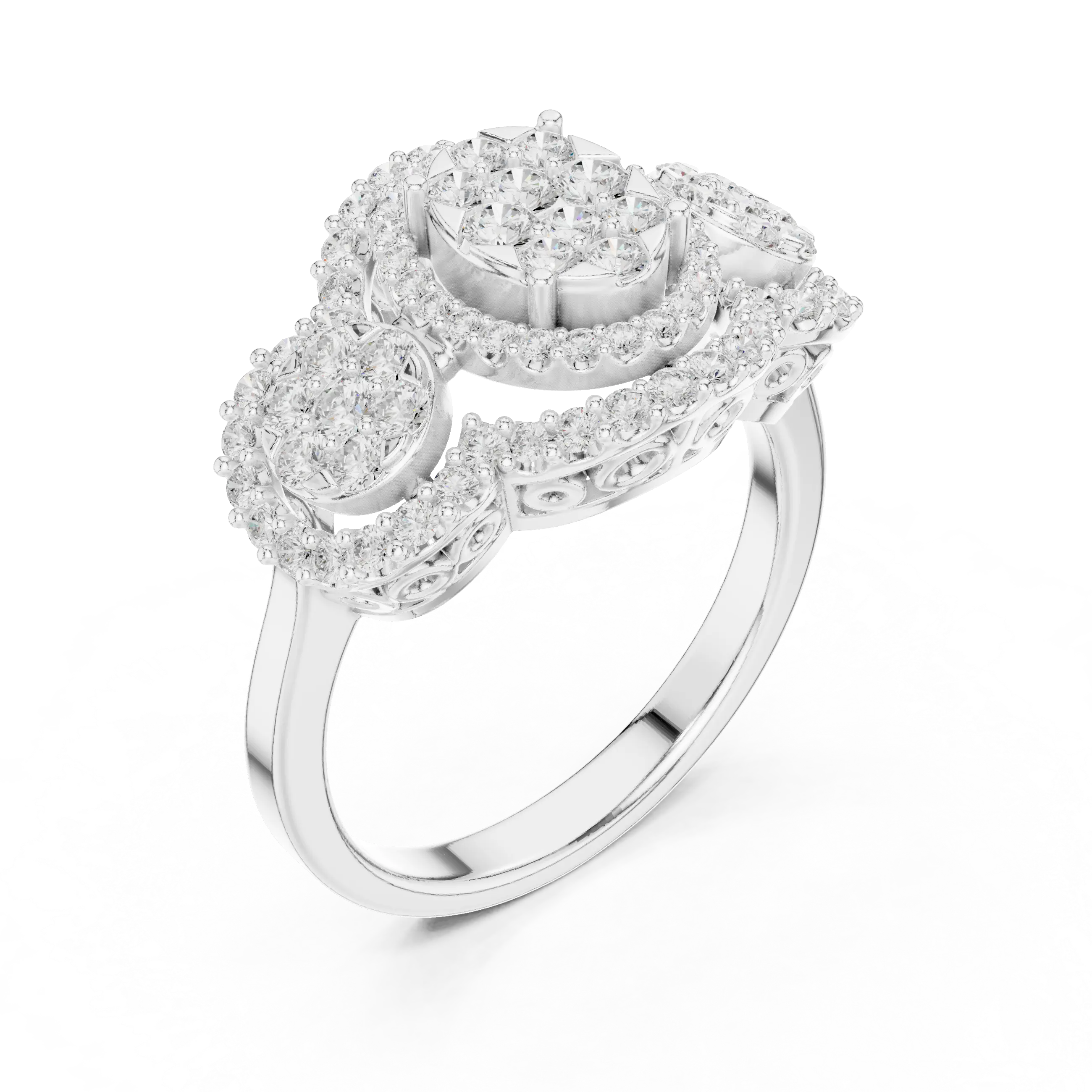 14K Rose Gold Three-Stone Round Diamond Halo Cluster Ring
