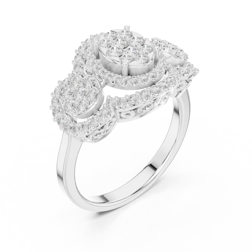 14K Rose Gold Three-Stone Round Diamond Halo Cluster Ring