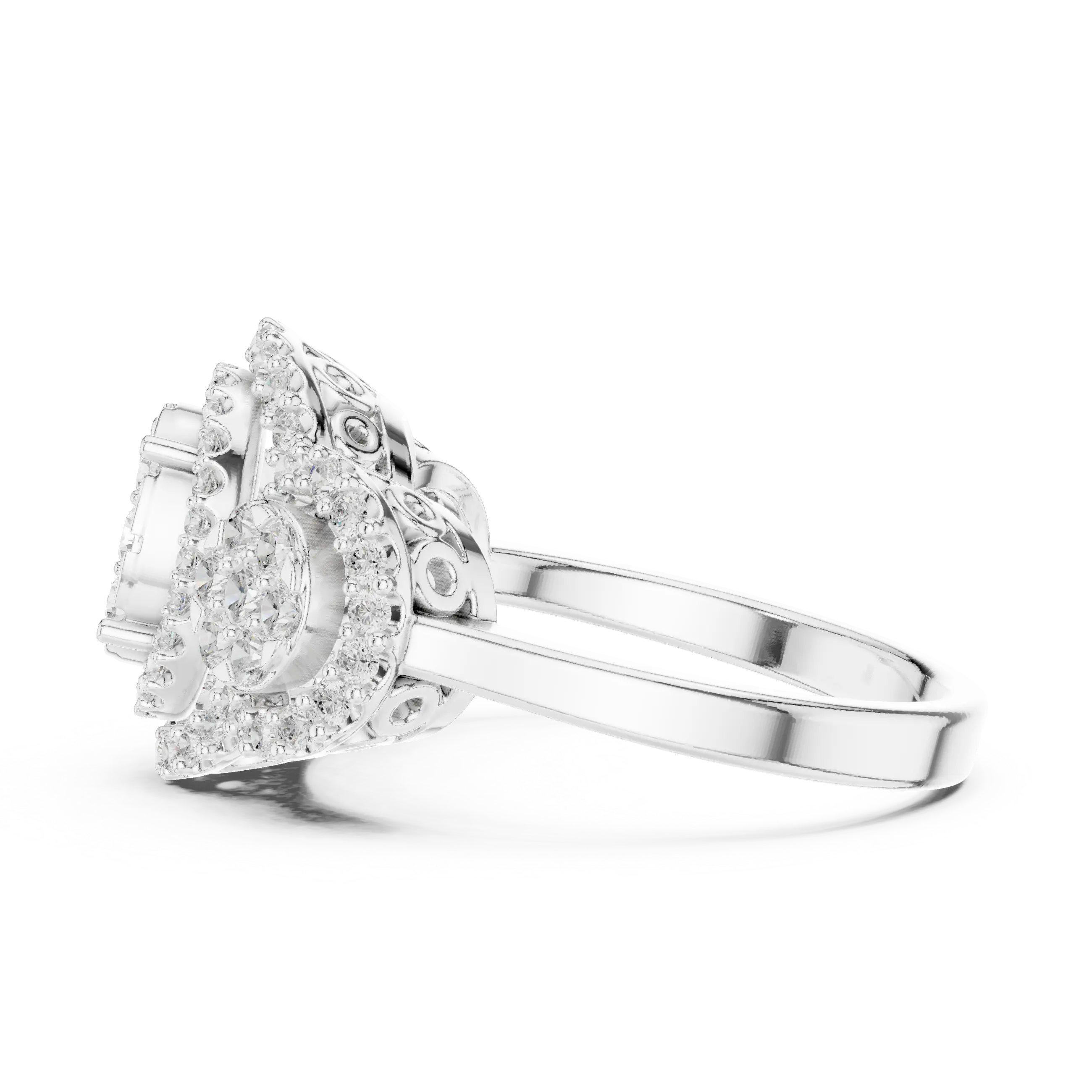 14K Rose Gold Three-Stone Round Diamond Halo Cluster Ring