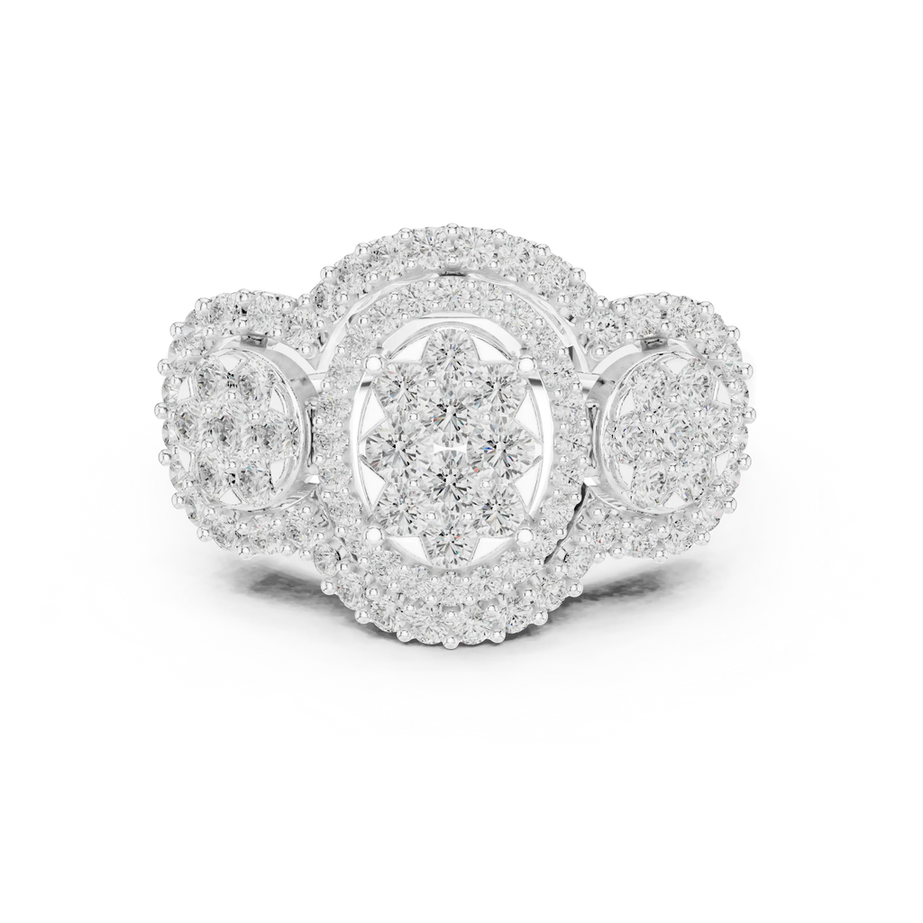 14K Rose Gold Three-Stone Round Diamond Halo Cluster Ring