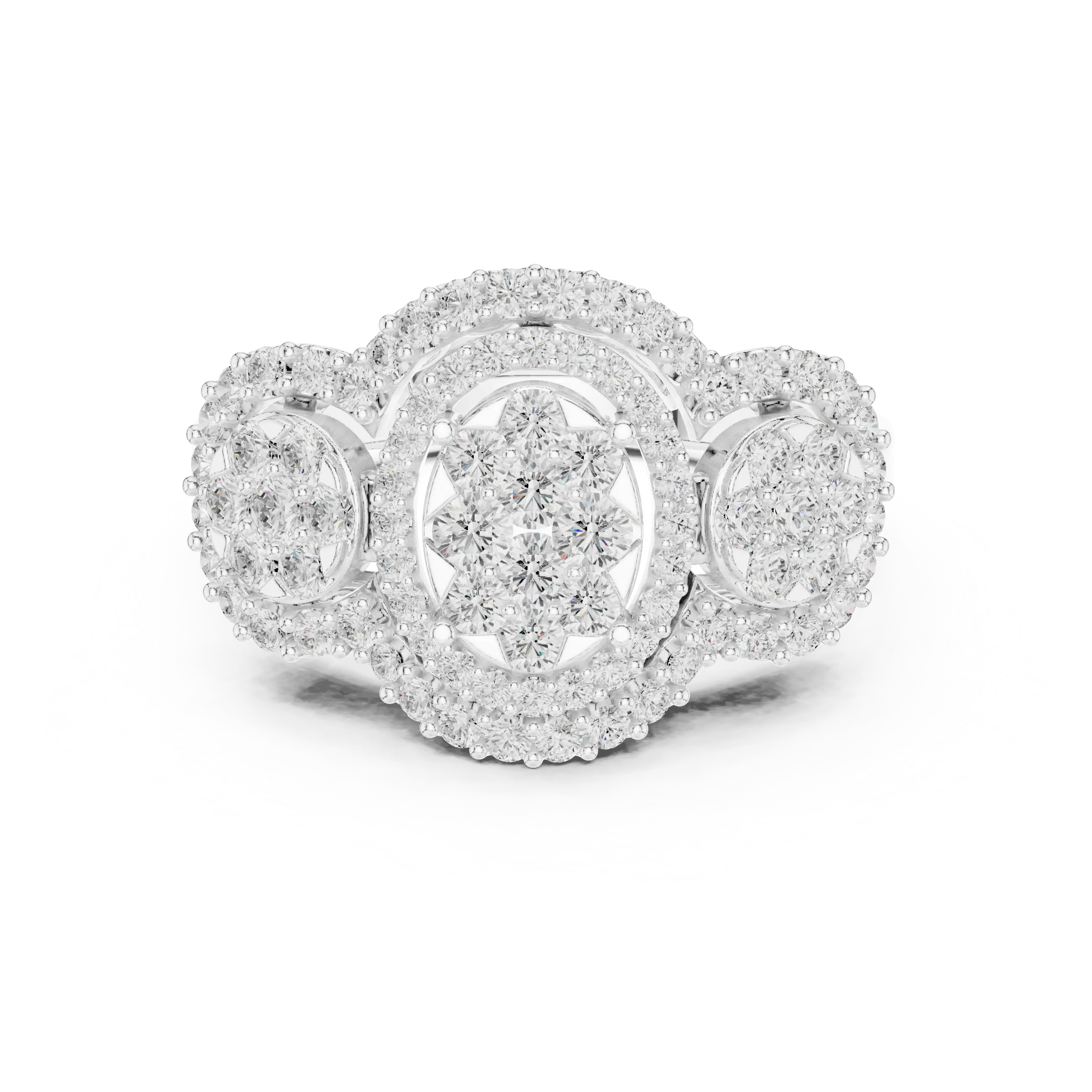 14K Rose Gold Three-Stone Round Diamond Halo Cluster Ring