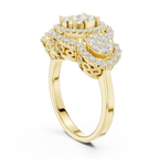 14K Rose Gold Three-Stone Round Diamond Halo Cluster Ring