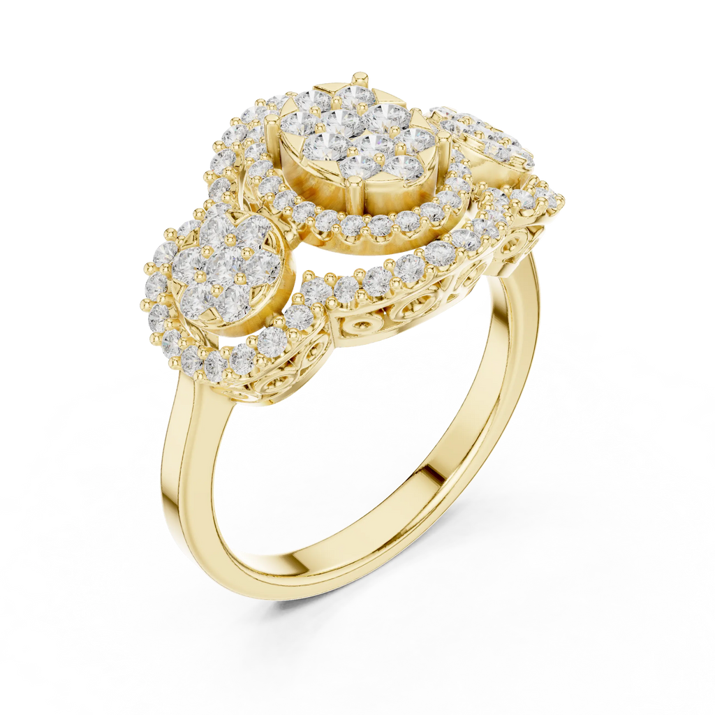 14K Rose Gold Three-Stone Round Diamond Halo Cluster Ring