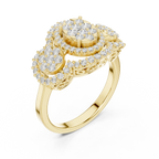 14K Rose Gold Three-Stone Round Diamond Halo Cluster Ring