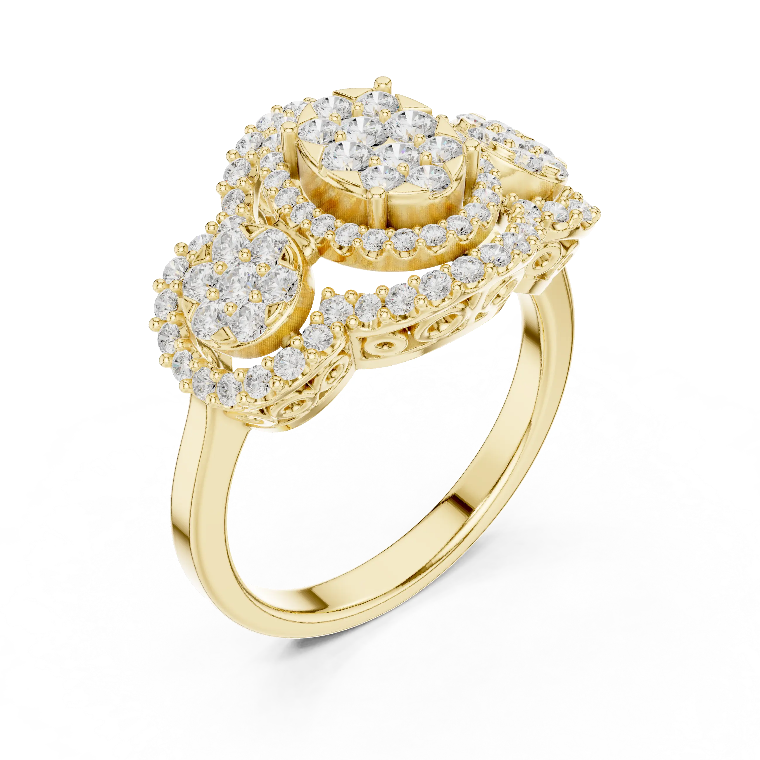 14K Rose Gold Three-Stone Round Diamond Halo Cluster Ring