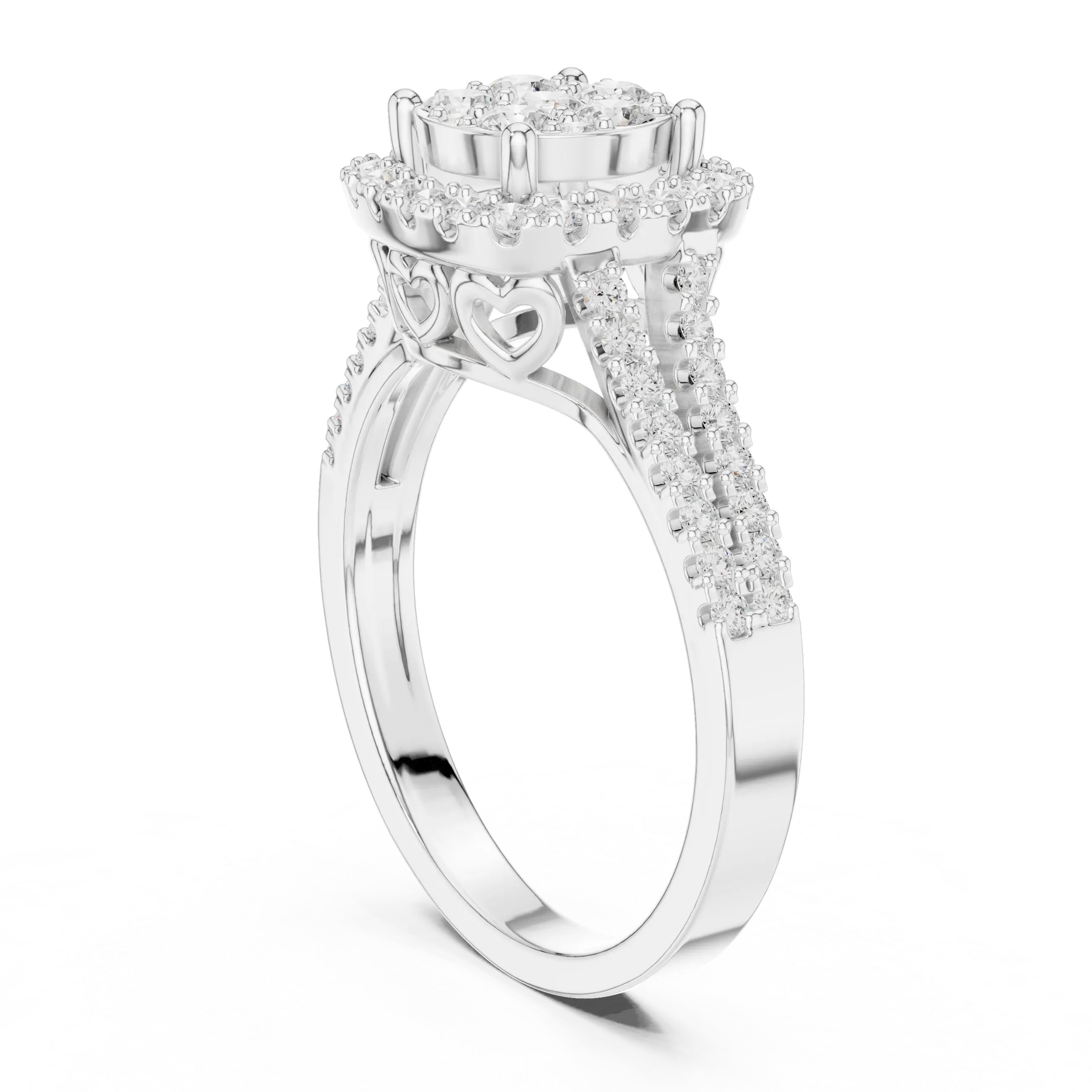 14K White Gold Round Diamond Cluster Halo Heart Ring