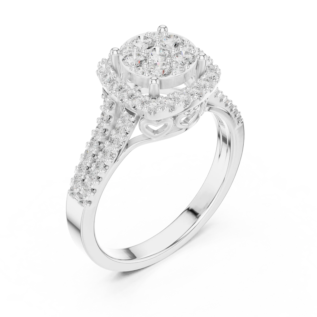 14K White Gold Round Diamond Cluster Halo Heart Ring