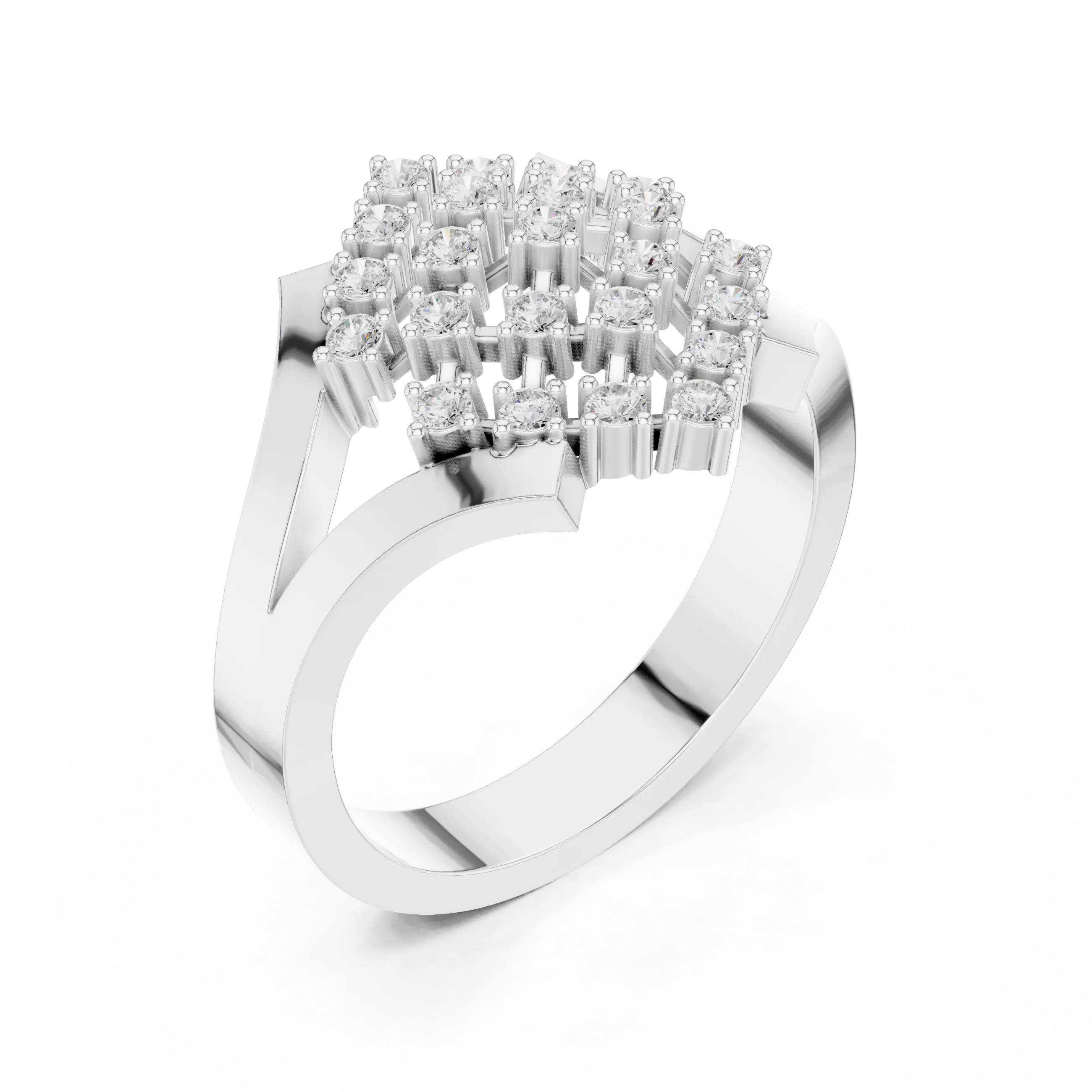 14K White Gold Geometric Lattice Diamond Cluster Ring