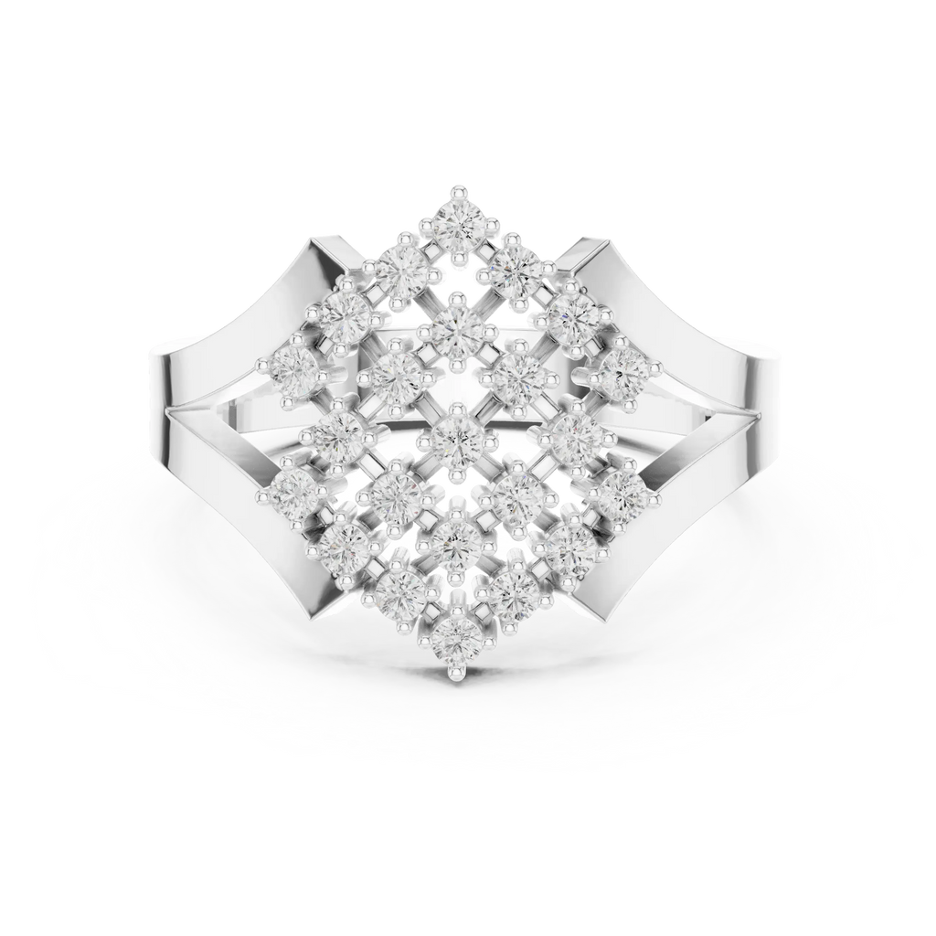 14K White Gold Geometric Lattice Diamond Cluster Ring