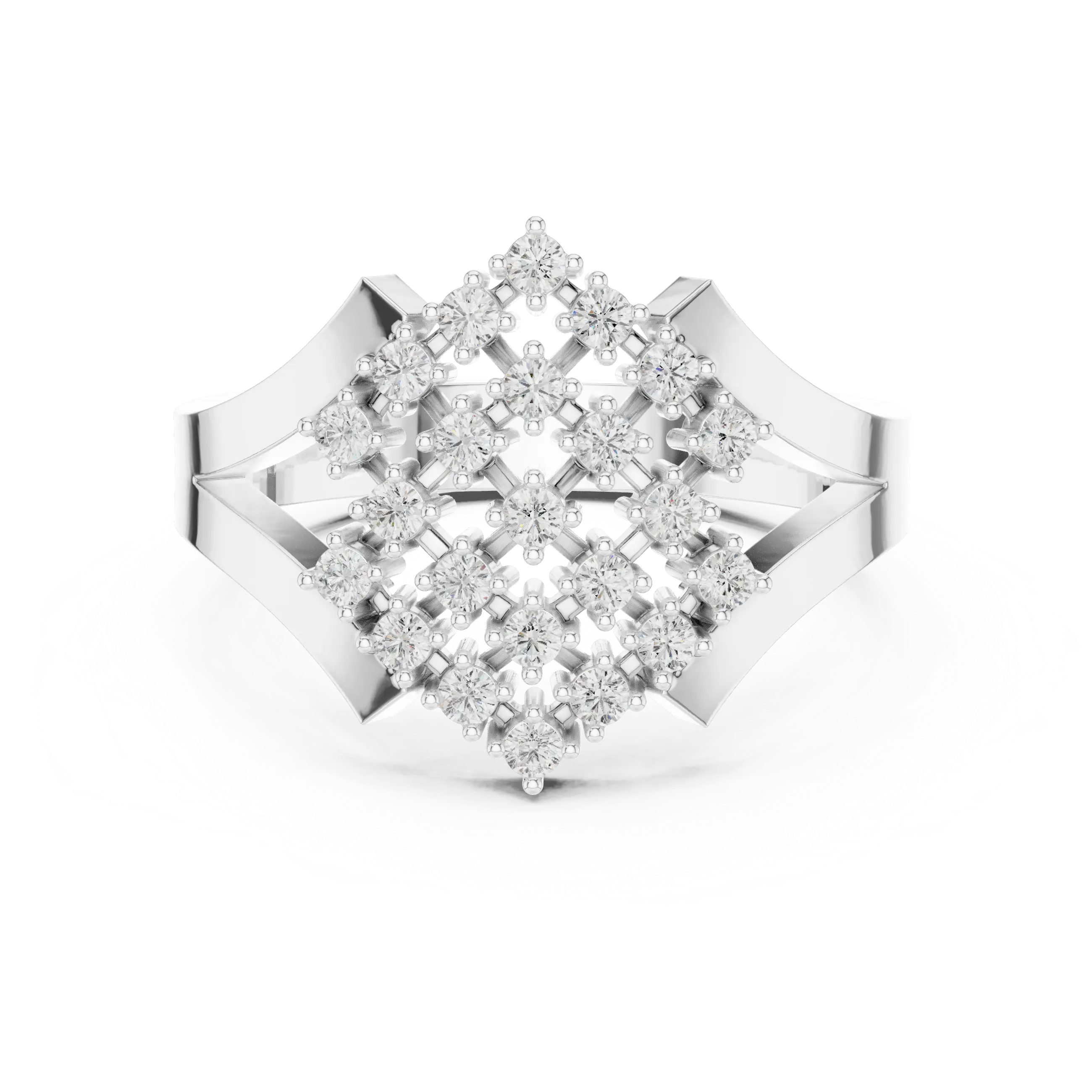 14K White Gold Geometric Lattice Diamond Cluster Ring