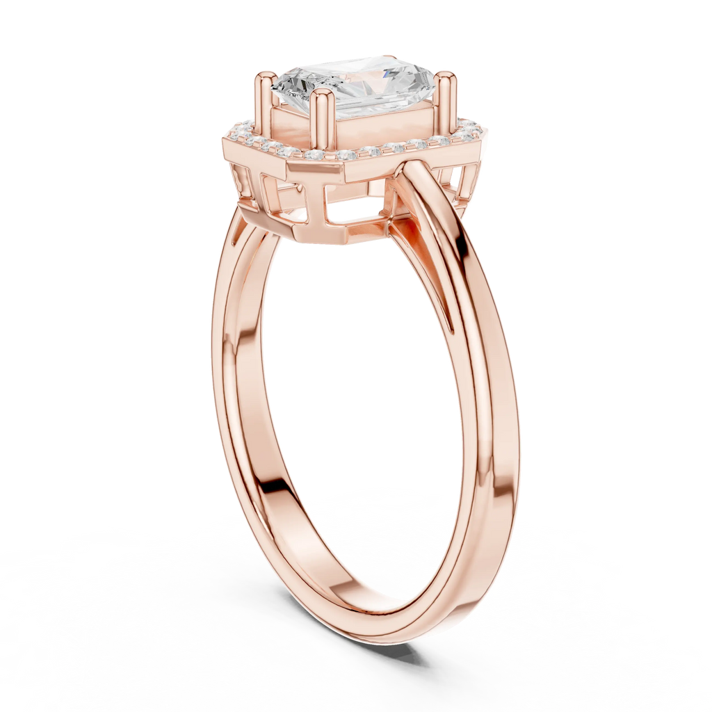 14K Rose Gold Emerald-Cut Diamond Radiant Halo Engagement Ring