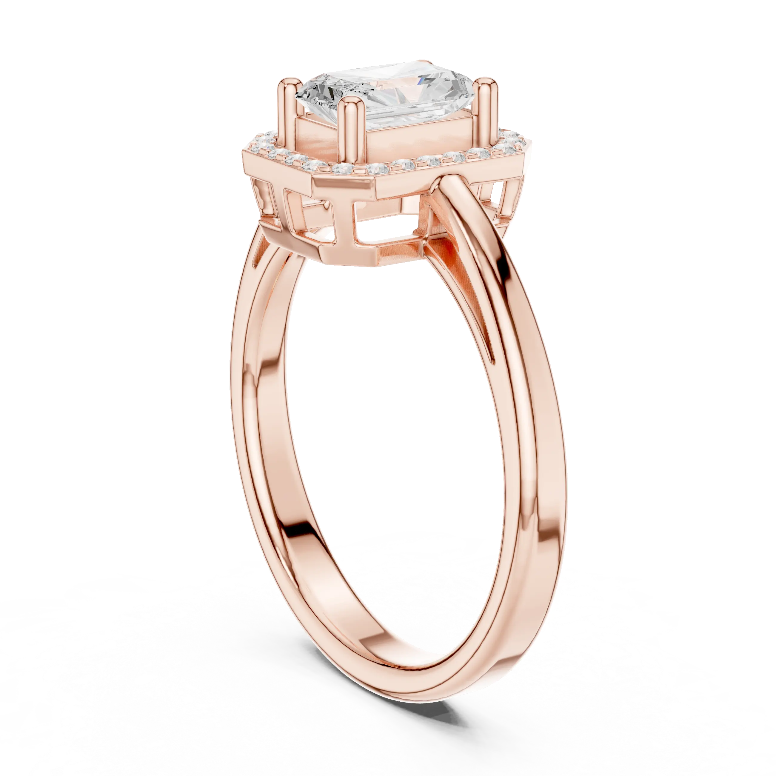 14K Rose Gold Emerald-Cut Diamond Radiant Halo Engagement Ring