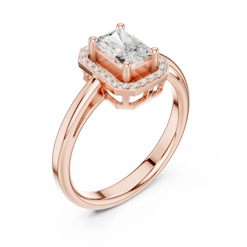 14K Rose Gold Emerald-Cut Diamond Radiant Halo Engagement Ring