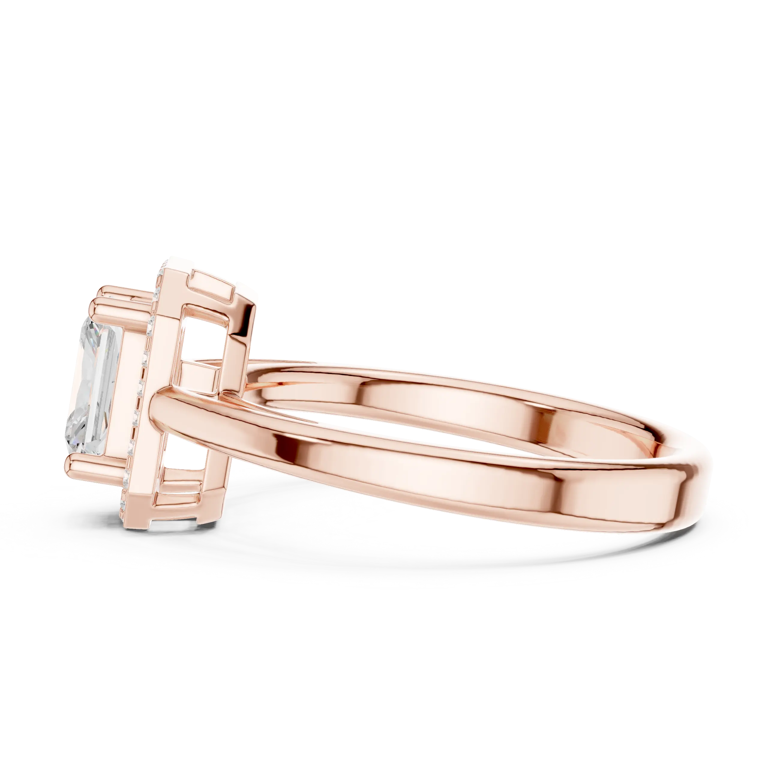 14K Rose Gold Emerald-Cut Diamond Radiant Halo Engagement Ring