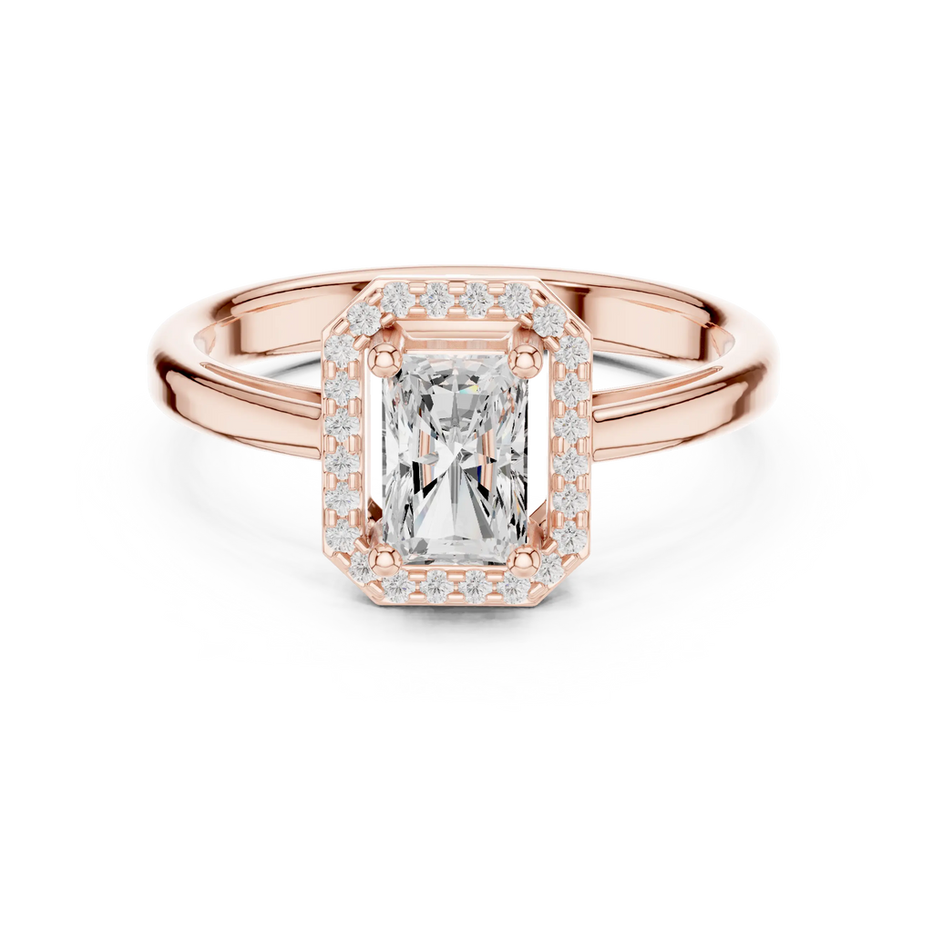 14K Rose Gold Emerald-Cut Diamond Radiant Halo Engagement Ring