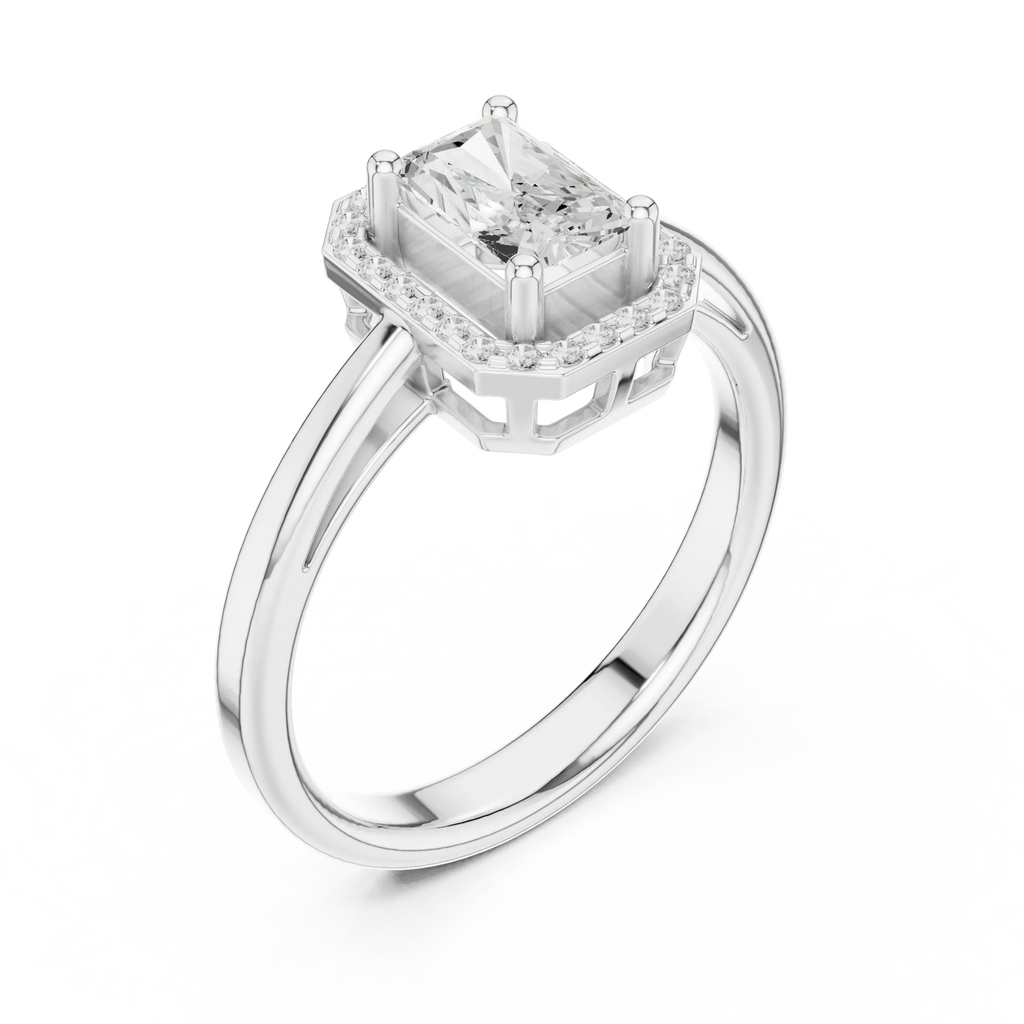 14K Rose Gold Emerald-Cut Diamond Radiant Halo Engagement Ring