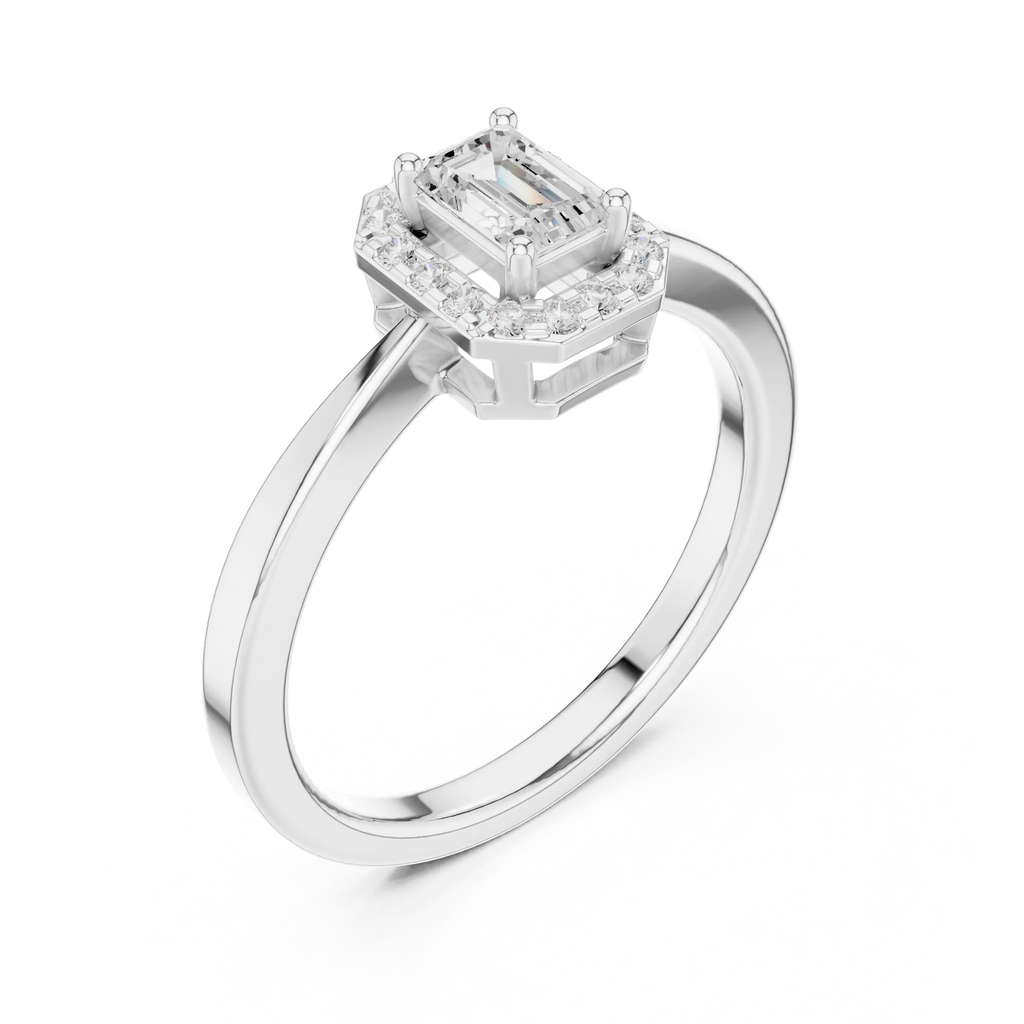 14K White Gold Emerald-Cut Octagon Halo Diamond Engagement Ring