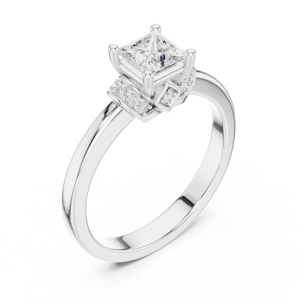 18K White Gold Princess-Cut Diamond Ring with Pavé Gallery
