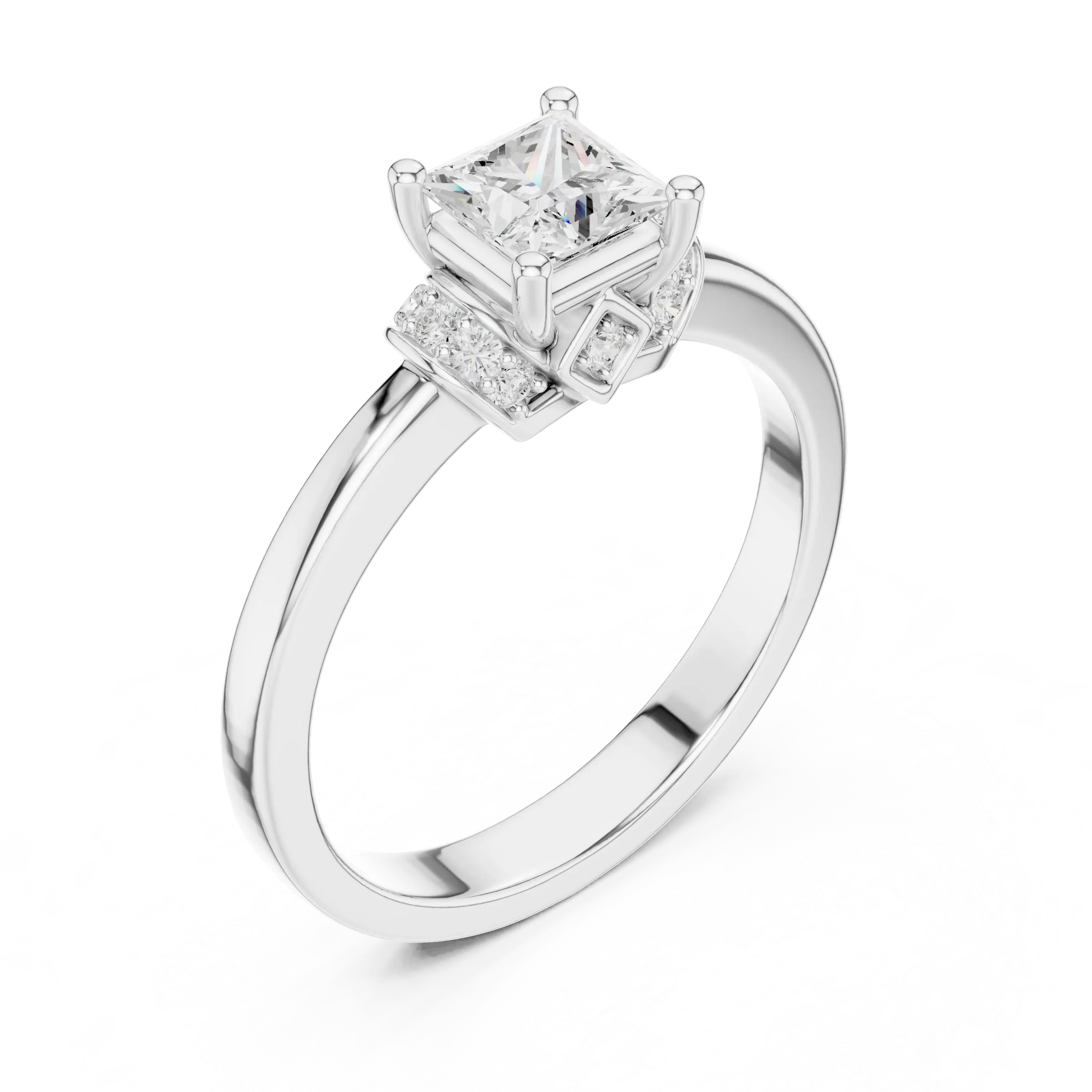 18K White Gold Princess-Cut Diamond Ring with Pavé Gallery
