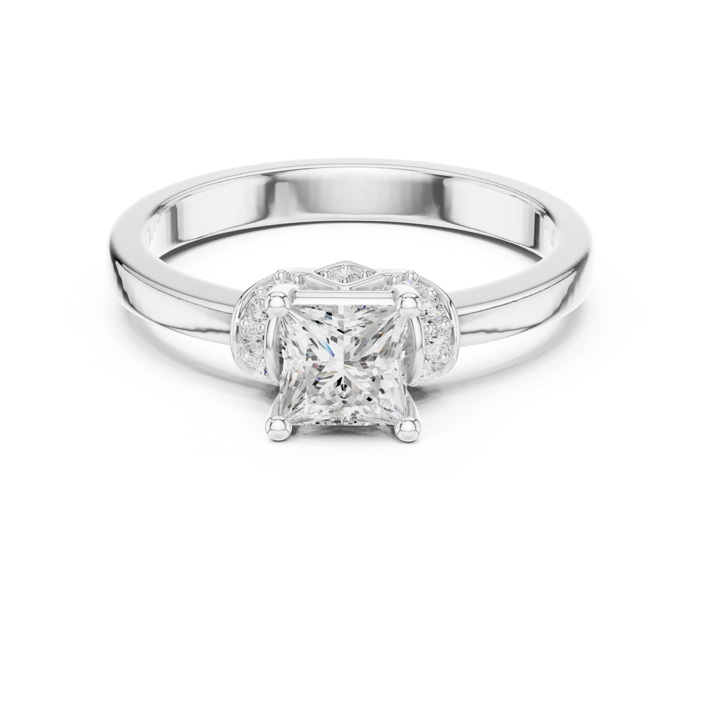 18K White Gold Princess-Cut Diamond Ring with Pavé Gallery