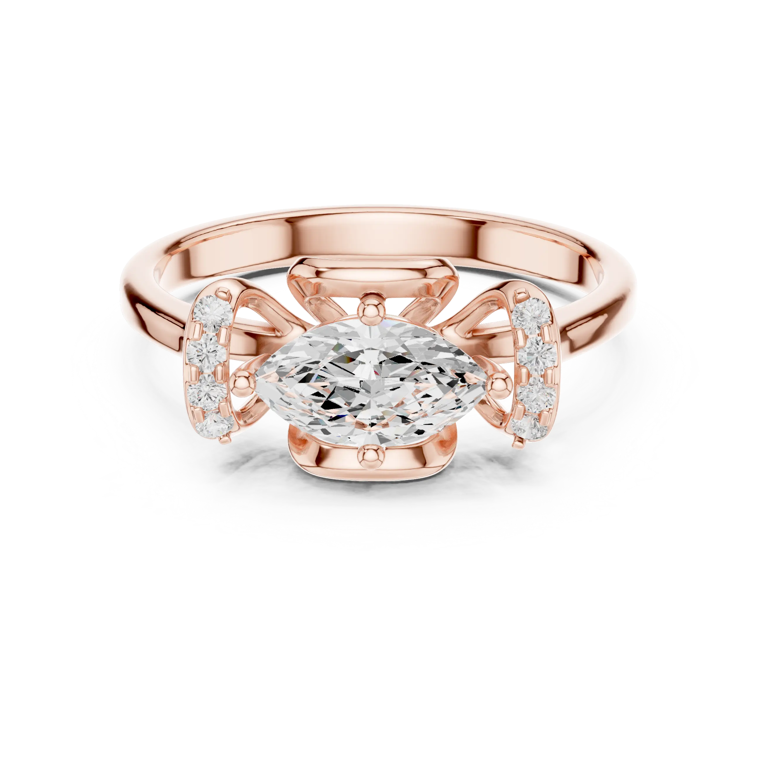 14K White Gold Marquise-Cut Diamond Engagement Winged Pavé Ring