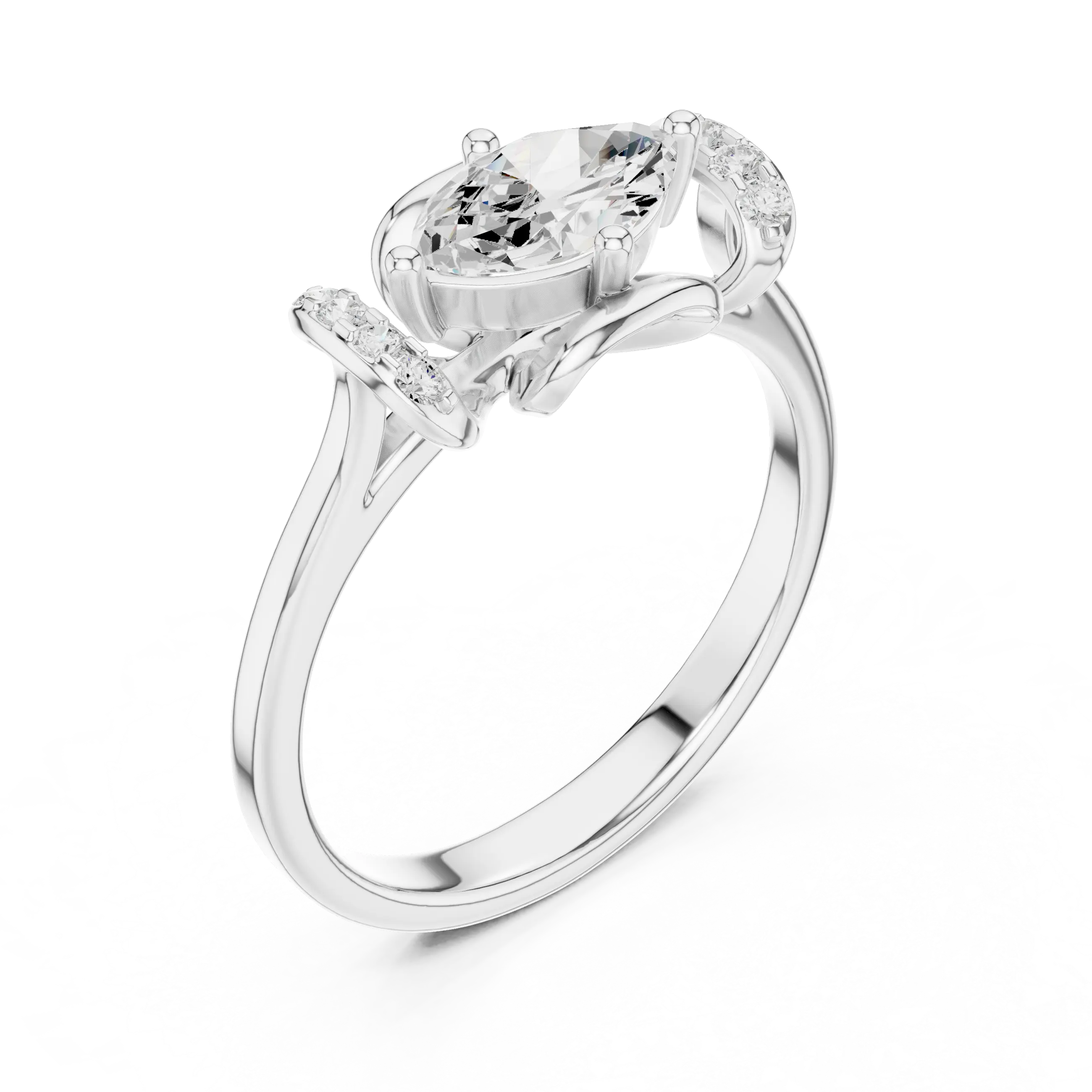 14K White Gold Marquise-Cut Diamond Engagement Winged Pavé Ring