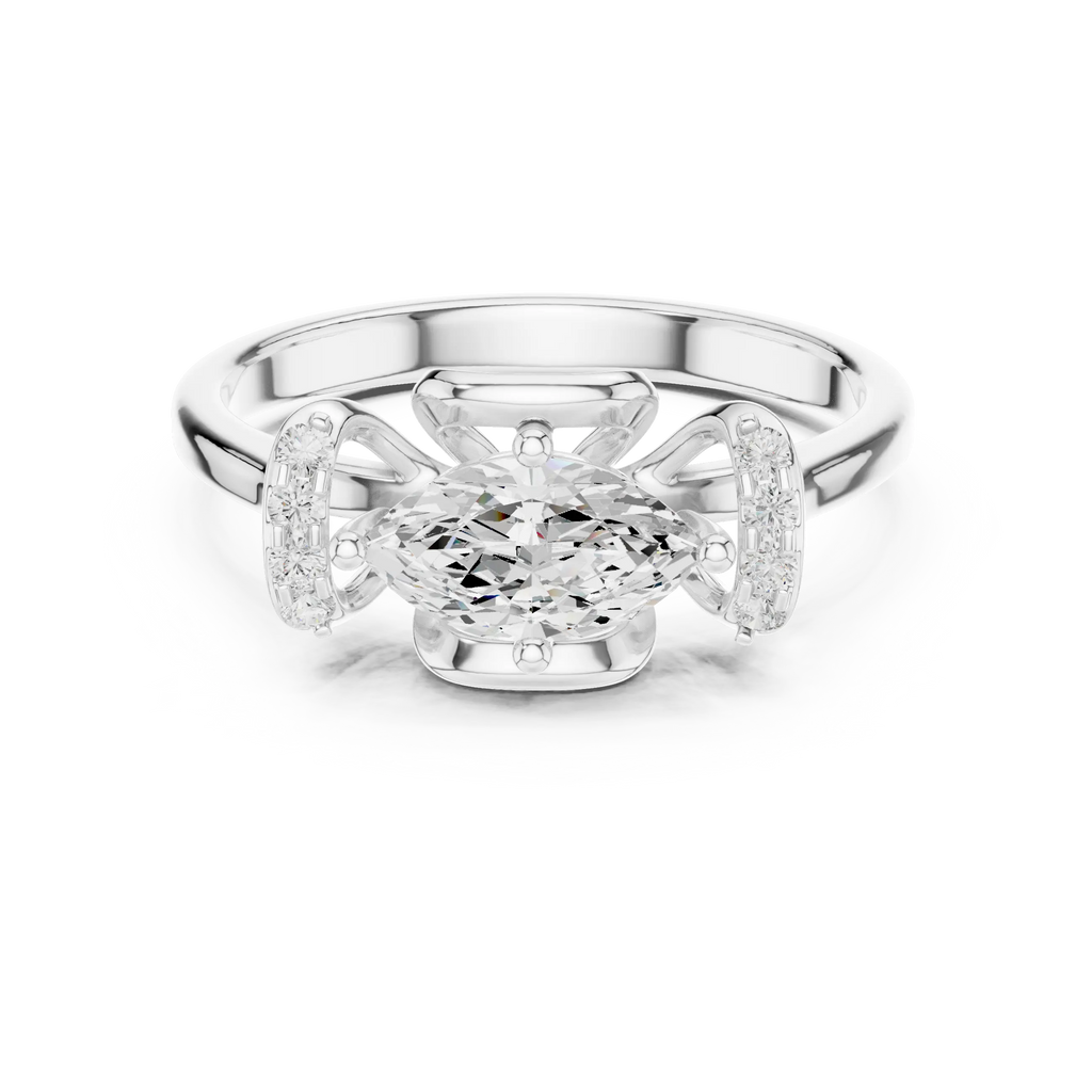 14K White Gold Marquise-Cut Diamond Engagement Winged Pavé Ring
