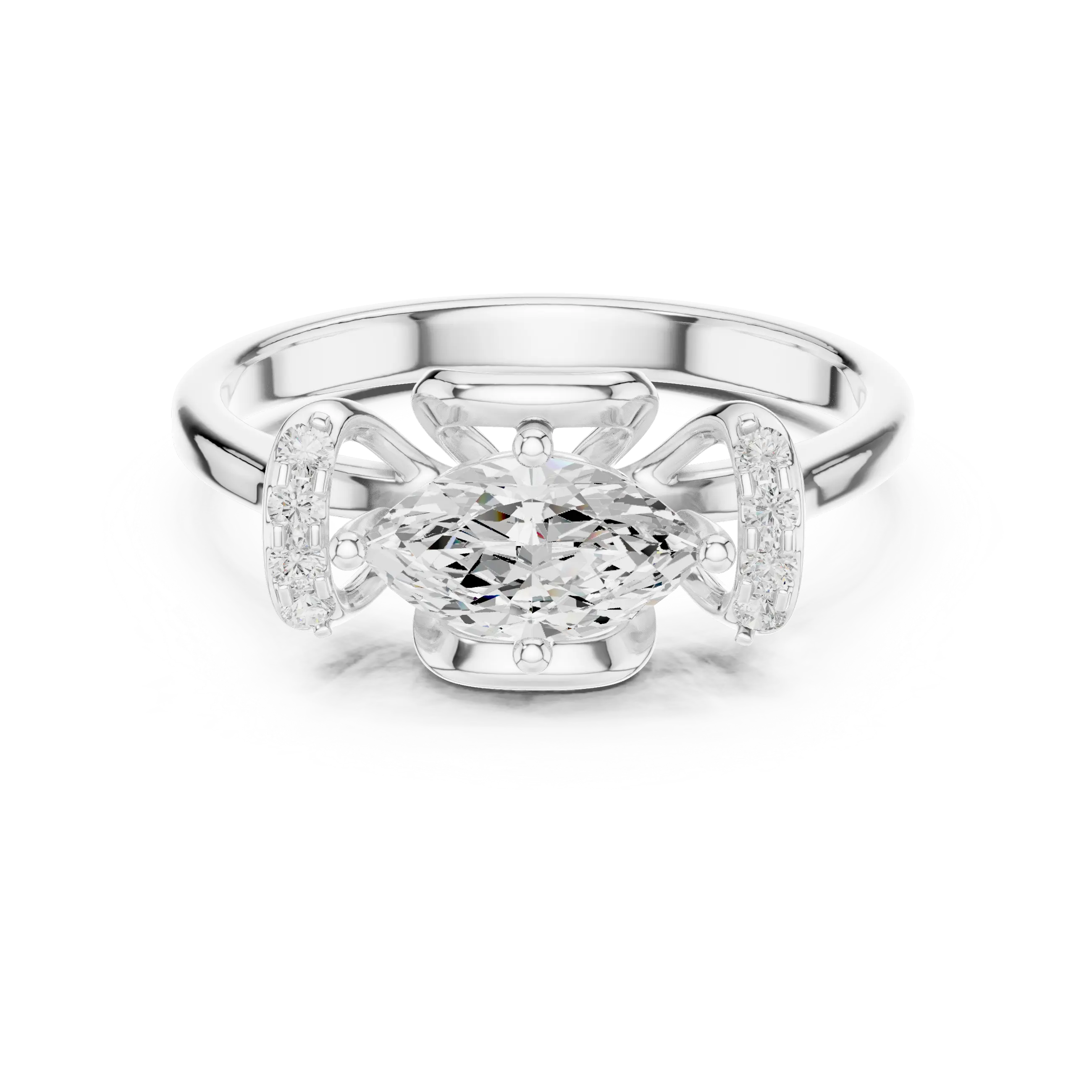 14K White Gold Marquise-Cut Diamond Engagement Winged Pavé Ring