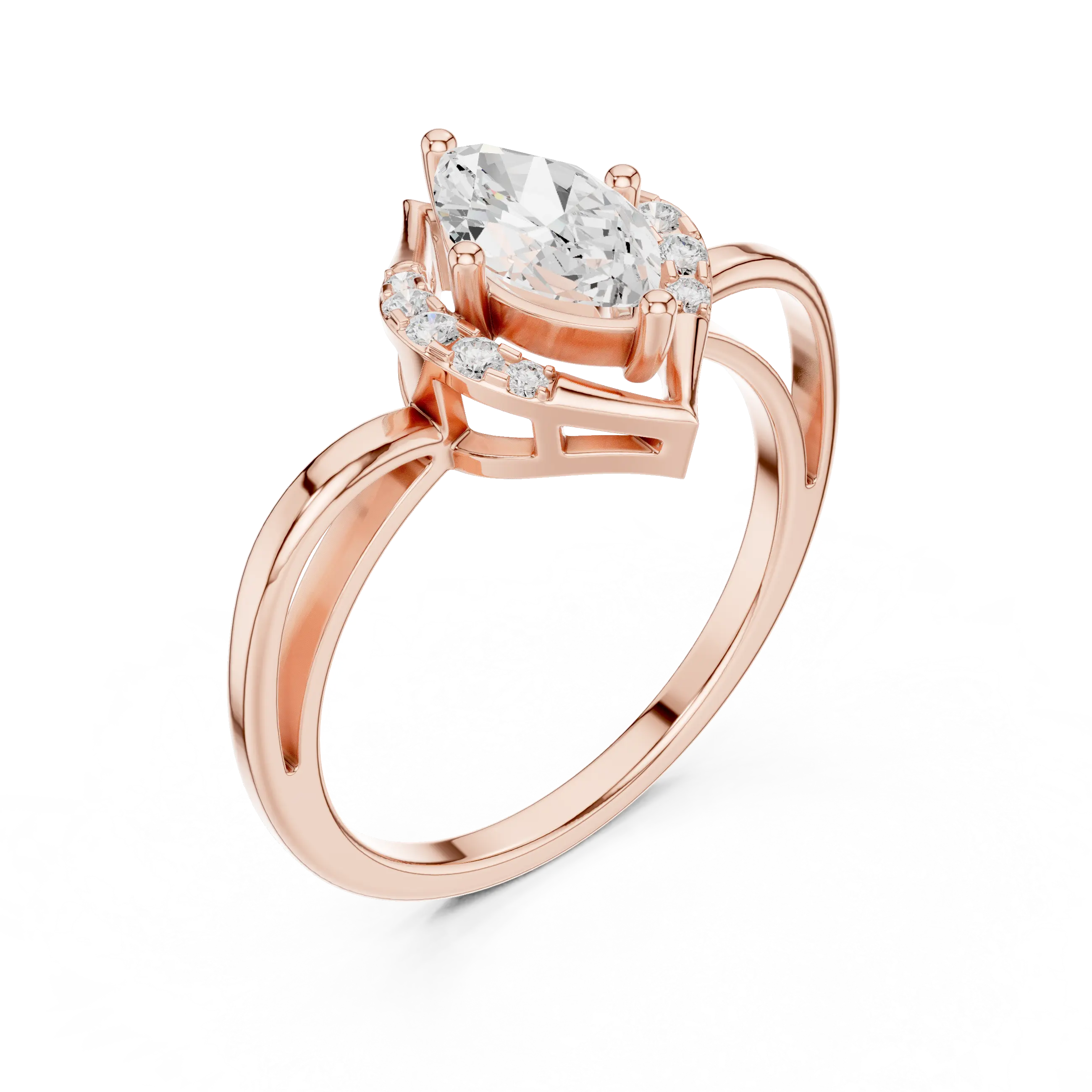 18K Yellow Gold Marquise-Cut Diamond V-Halo Split-Shank Engagement Ring