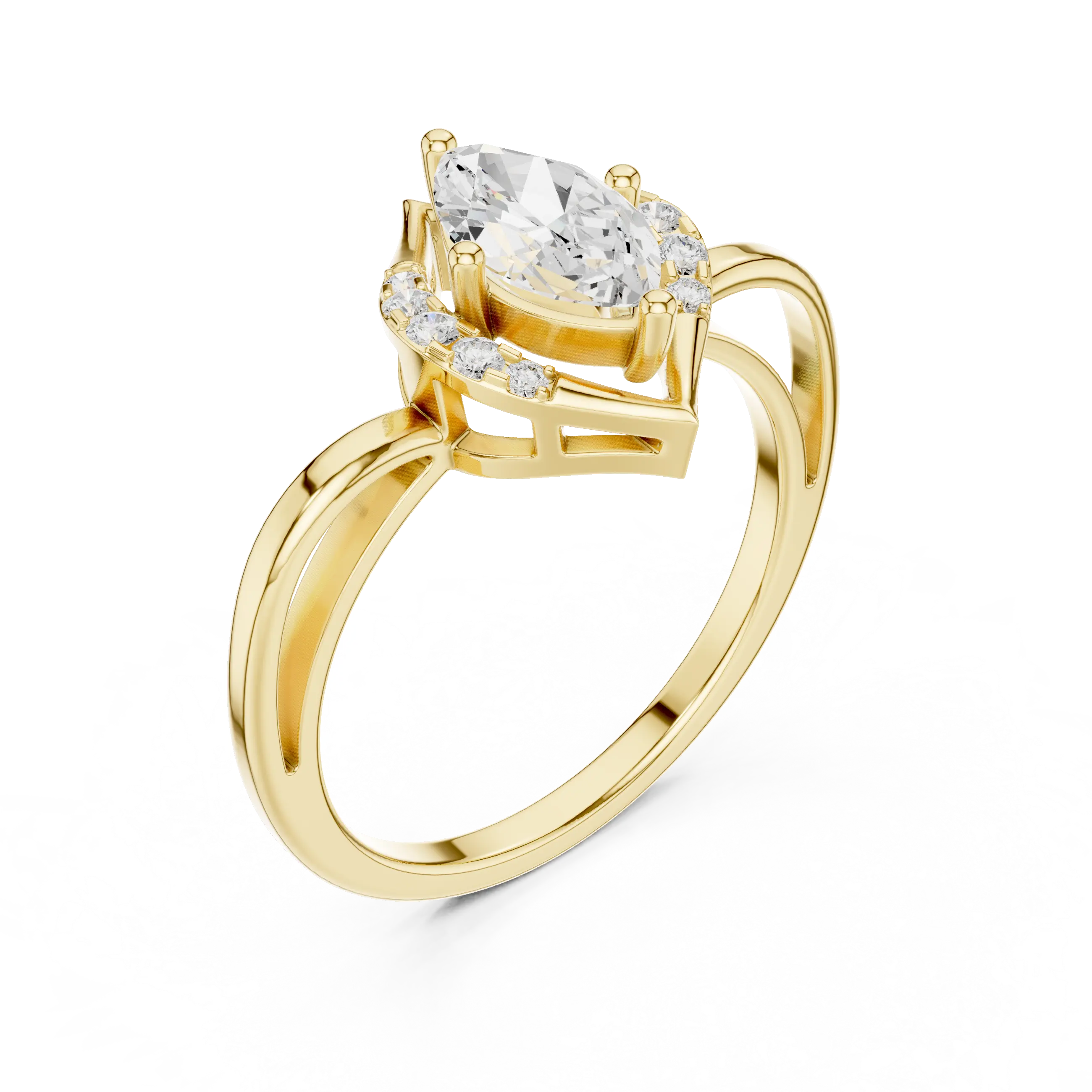 18K Yellow Gold Marquise-Cut Diamond V-Halo Split-Shank Engagement Ring