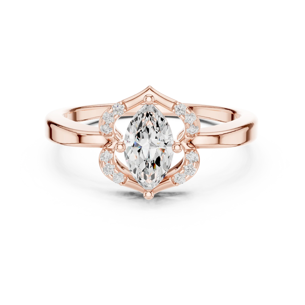 14K Rose Gold Marquise-Cut Diamond Engagement V-Contour Pavé Ring