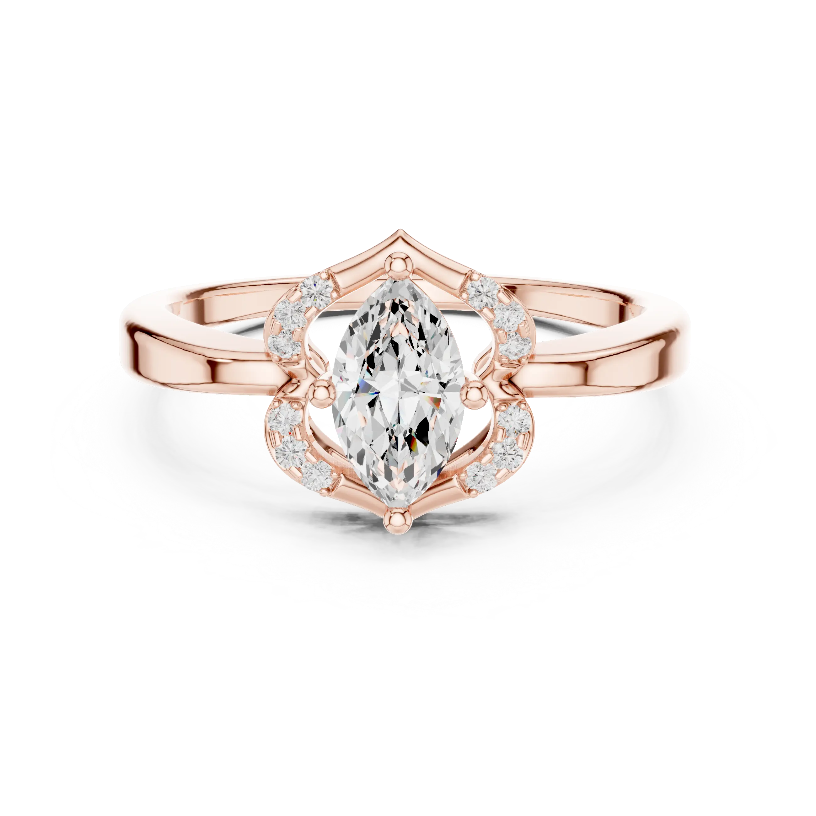 14K Rose Gold Marquise-Cut Diamond Engagement V-Contour Pavé Ring