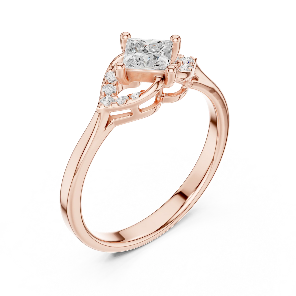 14K Yellow Gold Princess-Cut Diamond Engagement Petal Pavé Ring