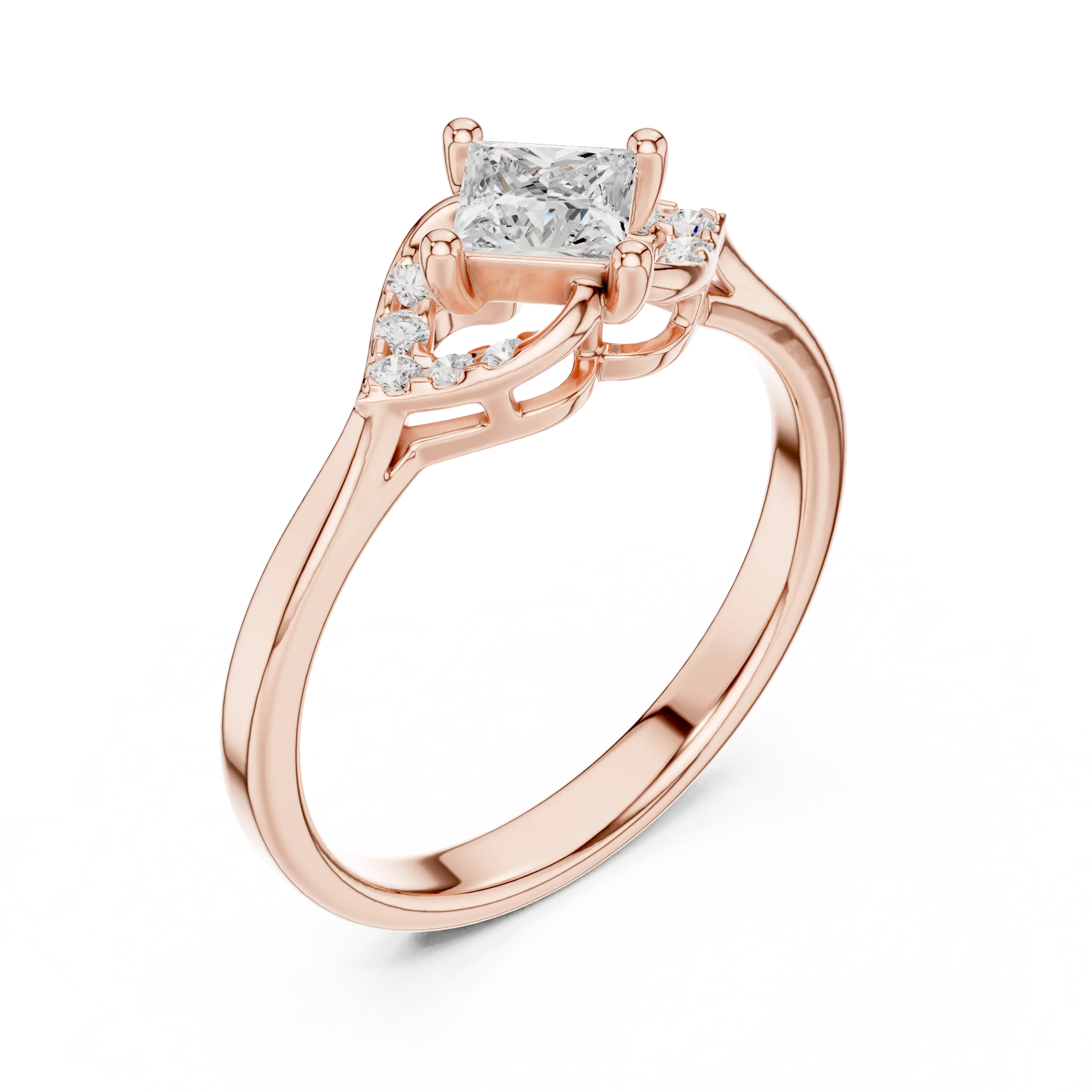 14K Yellow Gold Princess-Cut Diamond Engagement Petal Pavé Ring