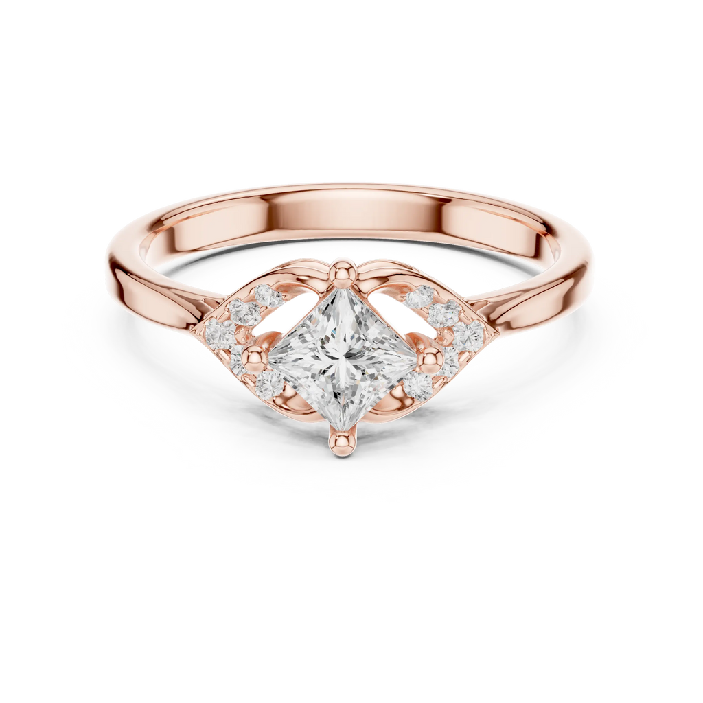 14K Yellow Gold Princess-Cut Diamond Engagement Petal Pavé Ring