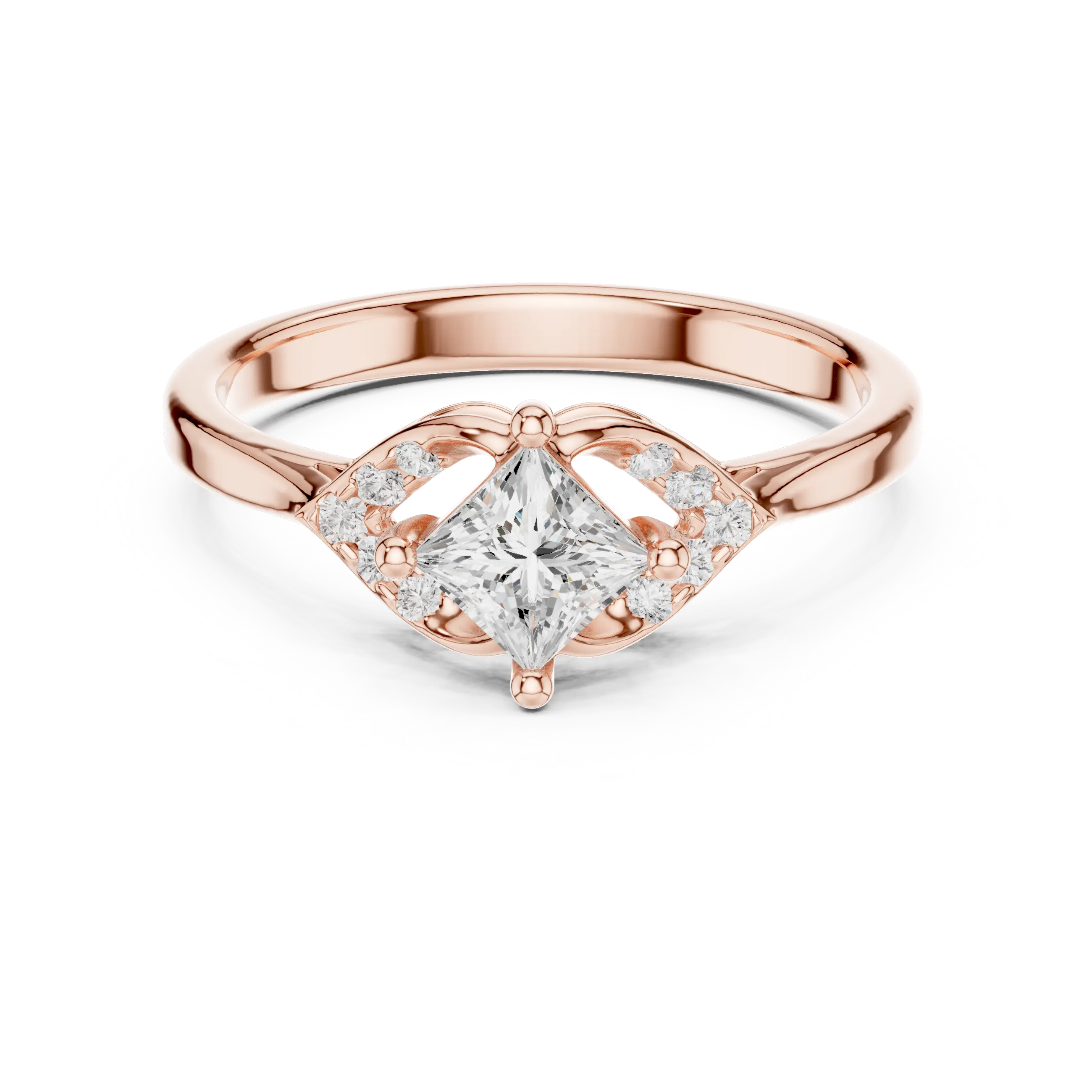 14K Yellow Gold Princess-Cut Diamond Engagement Petal Pavé Ring