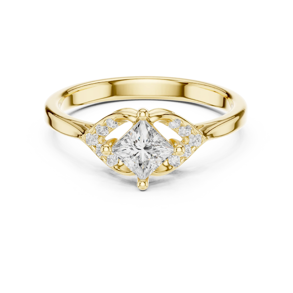 14K Yellow Gold Princess-Cut Diamond Engagement Petal Pavé Ring