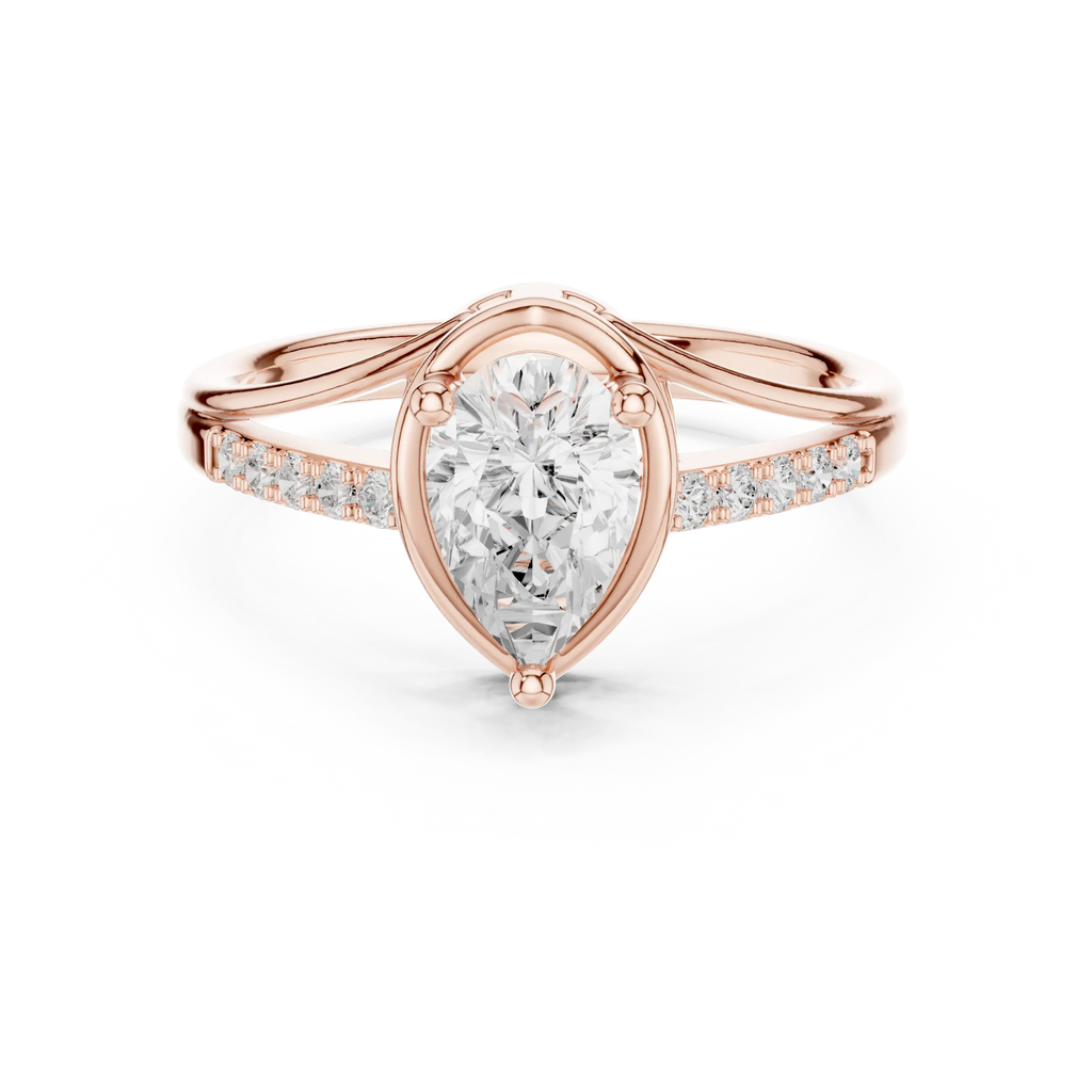 14K White Gold Pear-Cut Bezel-Halo Pavé Diamond Engagement Ring