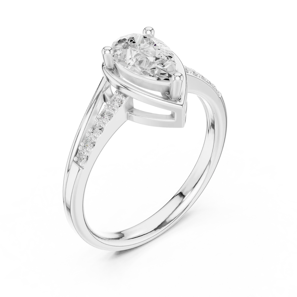 14K White Gold Pear-Cut Bezel-Halo Pavé Diamond Engagement Ring