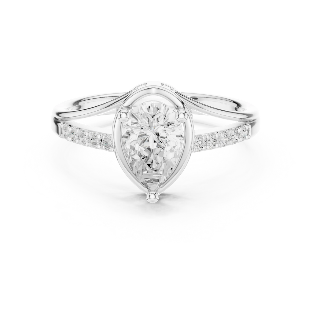 14K White Gold Pear-Cut Bezel-Halo Pavé Diamond Engagement Ring