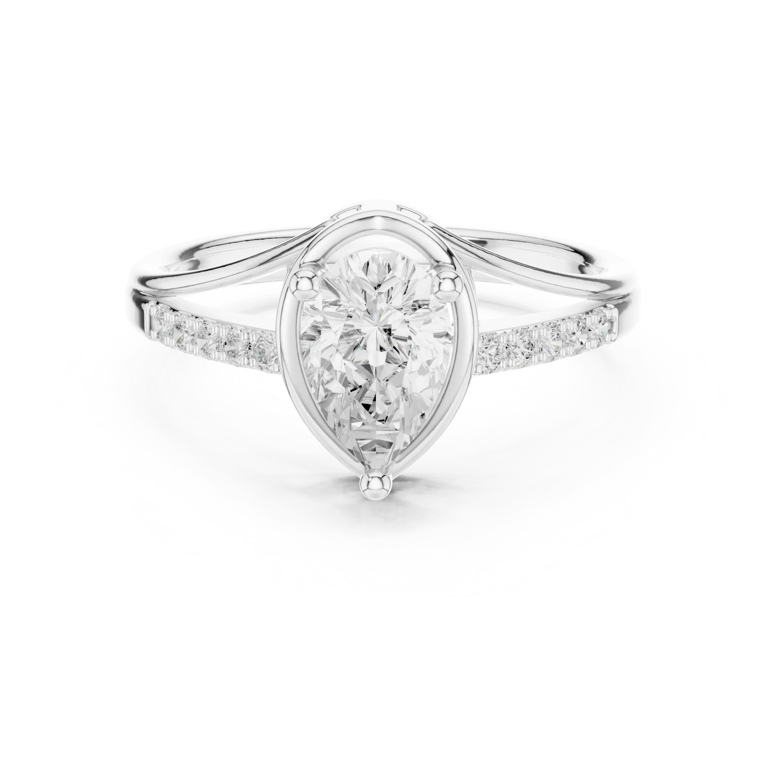 14K White Gold Pear-Cut Bezel-Halo Pavé Diamond Engagement Ring