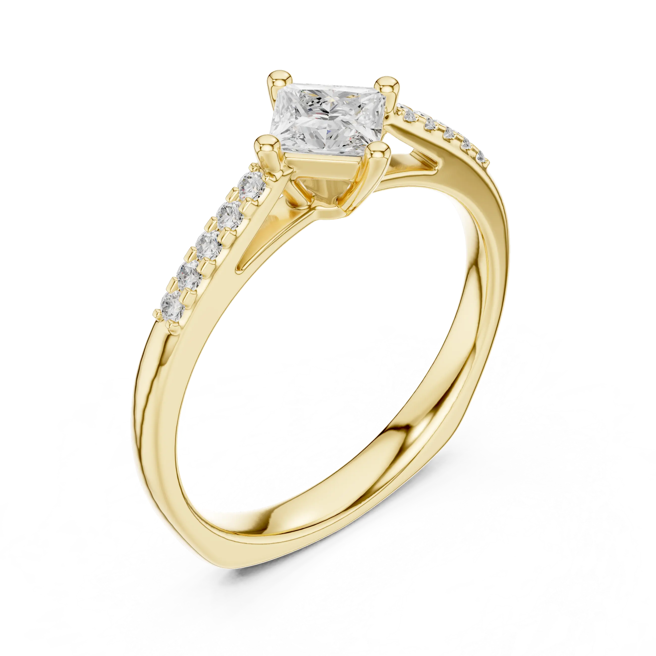 18K Yellow Gold Kite-Set Princess-Cut Pavé Diamond Engagement Ring
