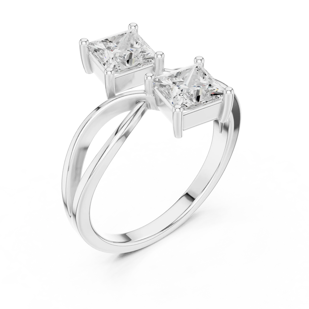 14K White Gold Two-Stone Princess-Cut Bypass Diamond Ring