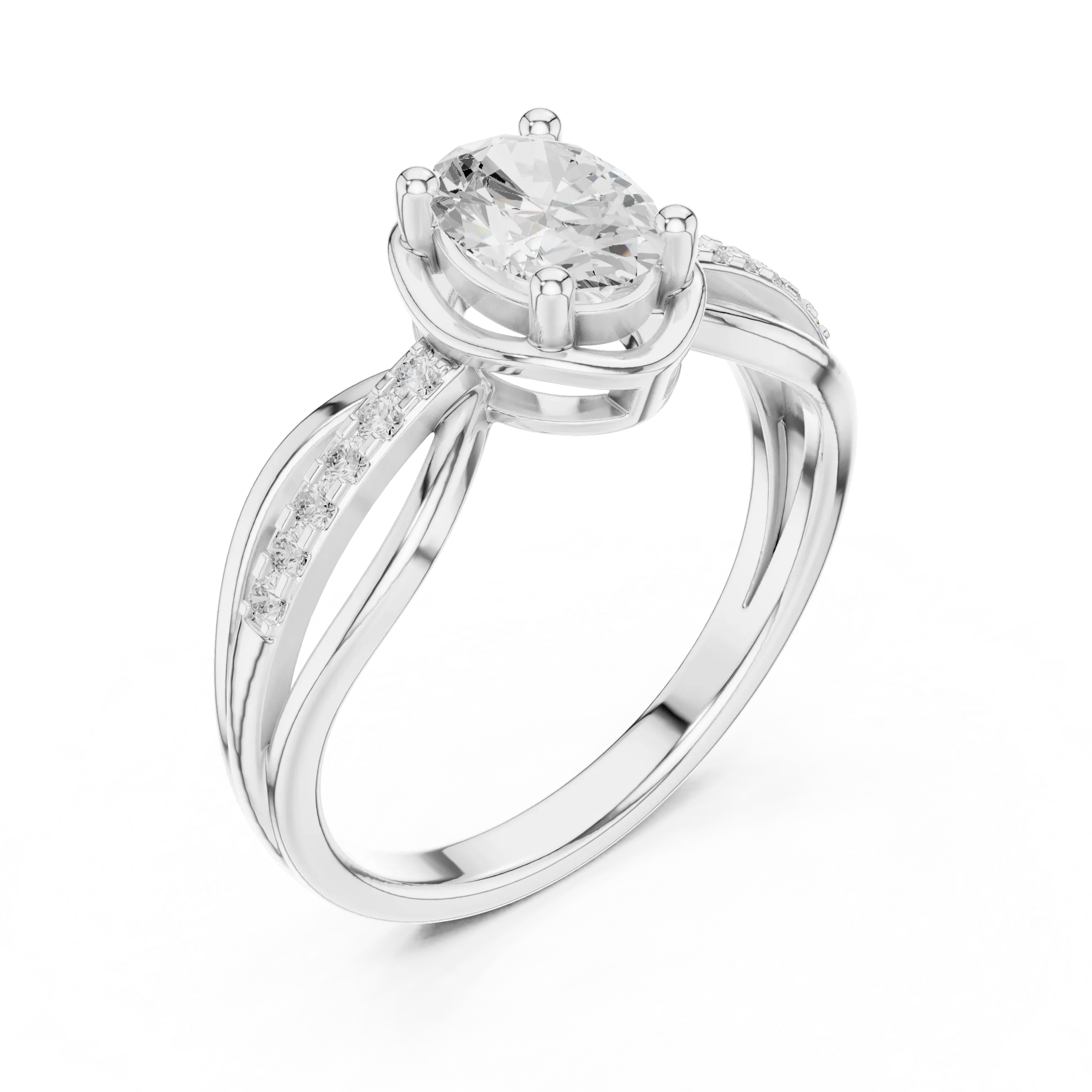 14K White Gold Oval-Cut Pavé Split-Shank Diamond Engagement Ring